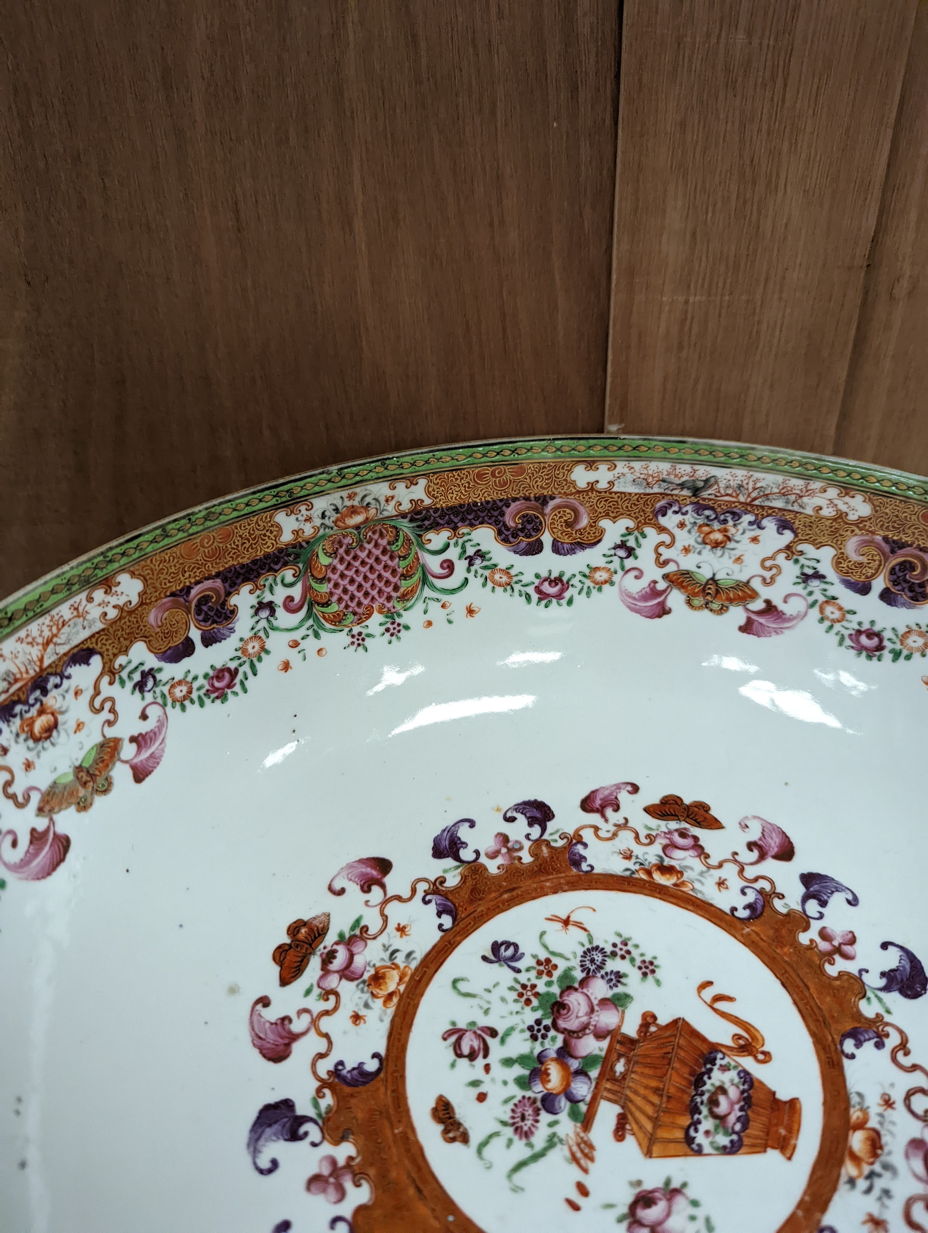 An 18th century Chinese export mandarin pattern porcelain bowl with hardwood stand 28.5cm diameter